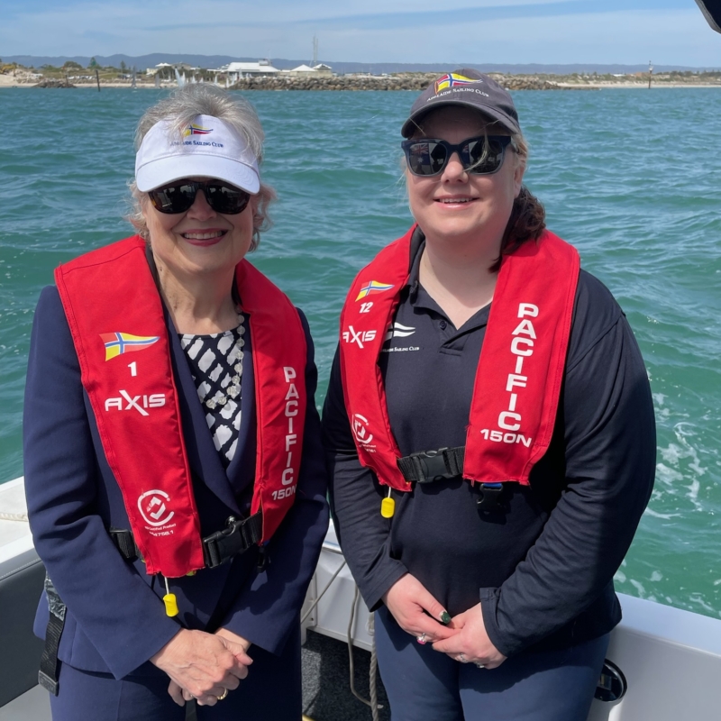 Her Excellency on a boat at the opening of the Adelaide Sailing Club season